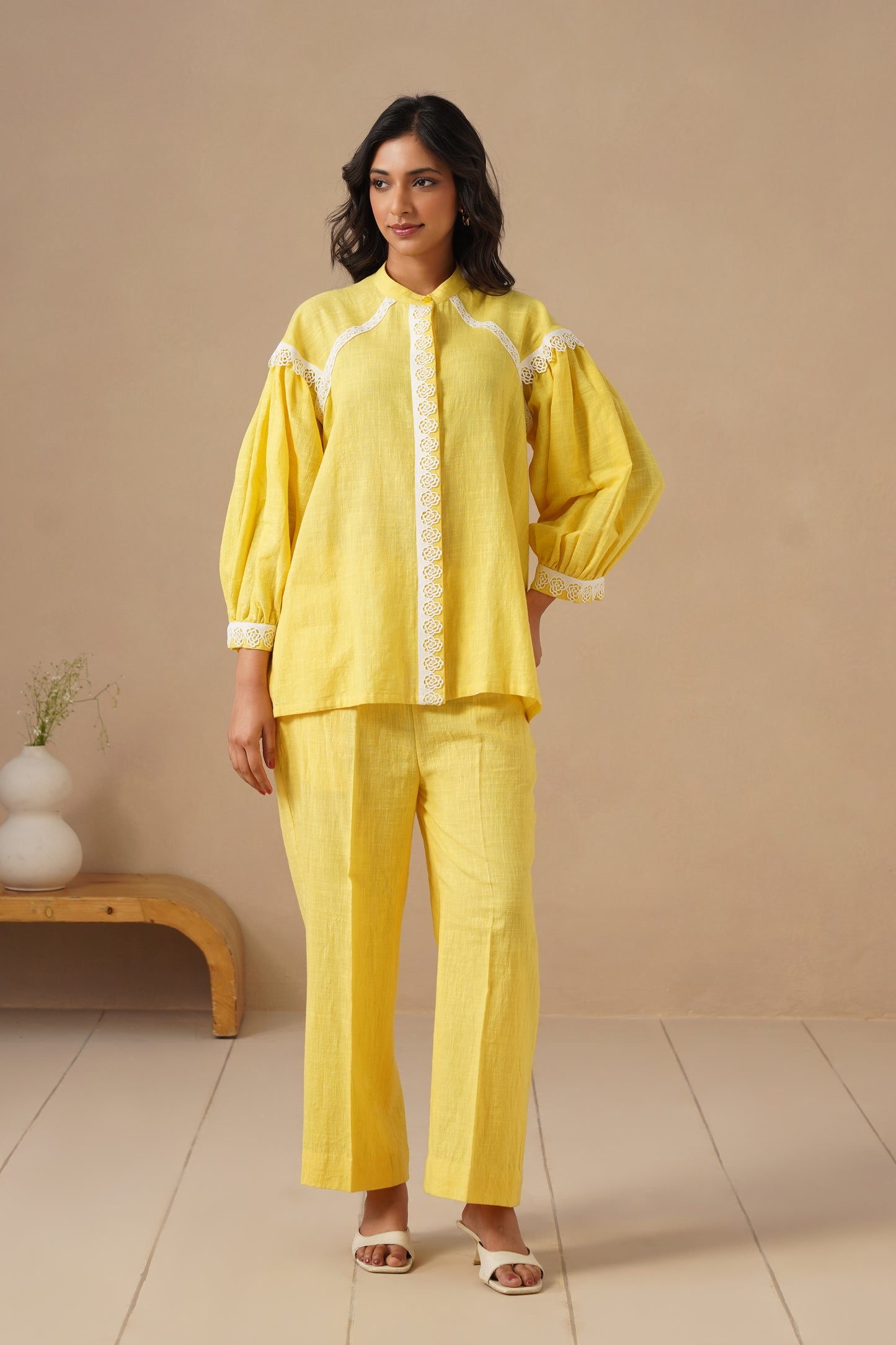 Linen Co-ord Set with Lases and Loose Plazo