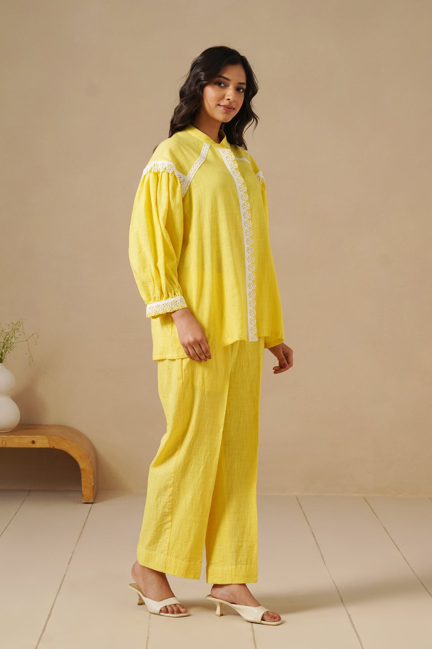 Linen Co-ord Set with Lases and Loose Plazo